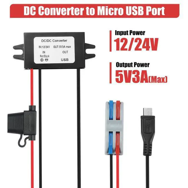 Alt view image 2 of 6 - 3A 15W DC-DC 12V 24V to 5V Step Down Converter with USB & Fuse | 12V 24V to 5V Buck Converter with Micro USB 48 CM Cable Voltage Reducer Waterproof Golf Cart CNC Equipment RV Accessories