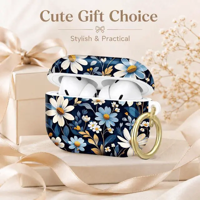 Alt view image 7 of 7 - Compatible with AirPod Pro 2nd/1st Generation Case Cover with Key Chain,Full Protective Shockproof Wireless Headphone Case for Airpod Pro 2023/2022/2019(Daisy Flowers Blue Leaves)