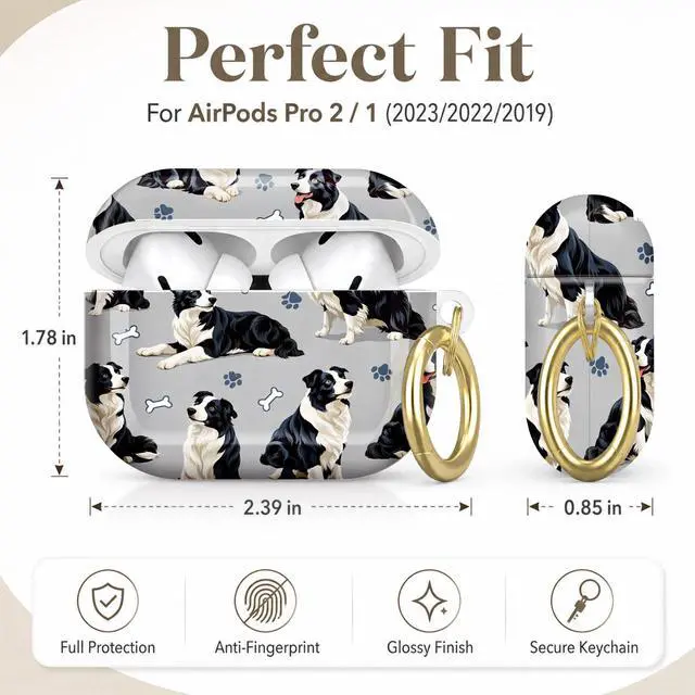 Alt view image 2 of 7 - Compatible with AirPod Pro 2nd/1st Generation Case Cover with Key Chain,Full Protective Shockproof Wireless Headphone Case for Airpod Pro 2023/2022/2019(Border Collie Dogs Bones Paws Gray)