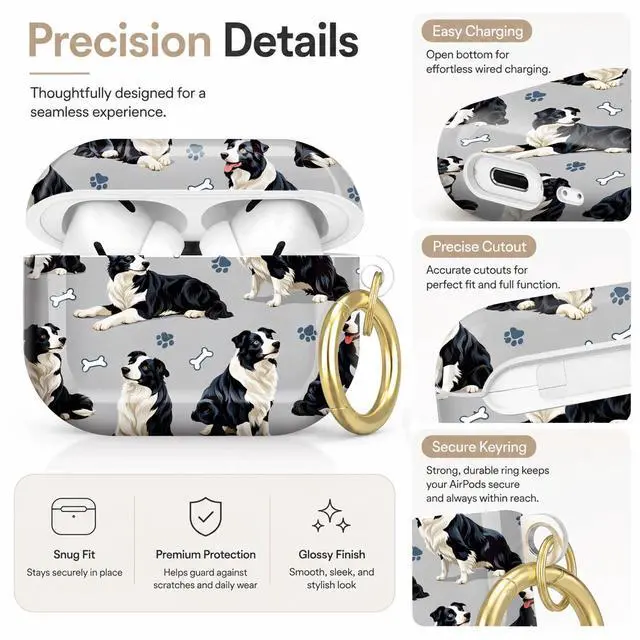 Alt view image 3 of 7 - Compatible with AirPod Pro 2nd/1st Generation Case Cover with Key Chain,Full Protective Shockproof Wireless Headphone Case for Airpod Pro 2023/2022/2019(Border Collie Dogs Bones Paws Gray)