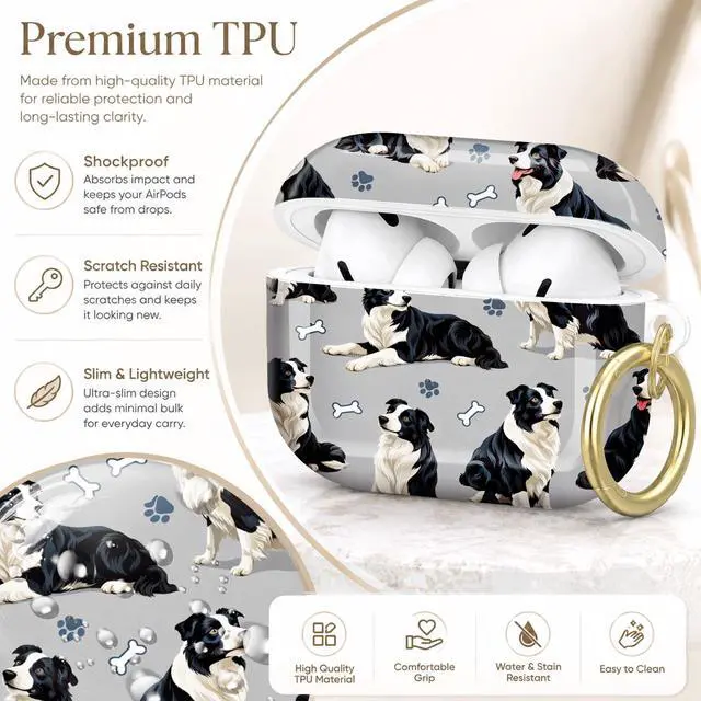 Alt view image 4 of 7 - Compatible with AirPod Pro 2nd/1st Generation Case Cover with Key Chain,Full Protective Shockproof Wireless Headphone Case for Airpod Pro 2023/2022/2019(Border Collie Dogs Bones Paws Gray)