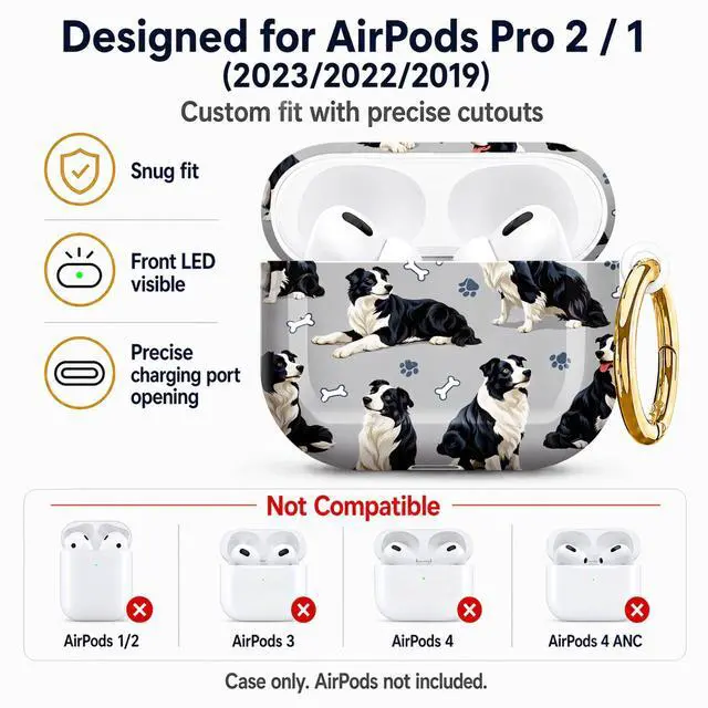 Alt view image 5 of 7 - Compatible with AirPod Pro 2nd/1st Generation Case Cover with Key Chain,Full Protective Shockproof Wireless Headphone Case for Airpod Pro 2023/2022/2019(Border Collie Dogs Bones Paws Gray)