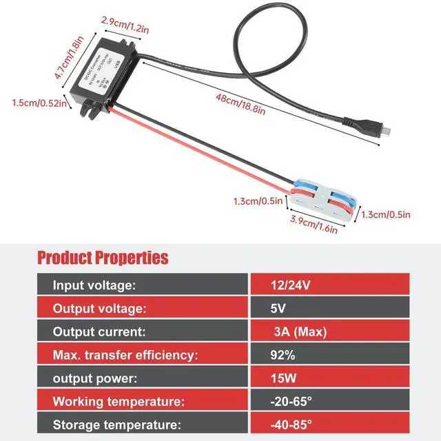 Alt view image 6 of 6 - 3A 15W DC-DC 12V 24V to 5V Step Down Converter with USB & Fuse | 12V 24V to 5V Buck Converter with Micro USB 48 CM Cable Voltage Reducer Waterproof Golf Cart CNC Equipment RV Accessories