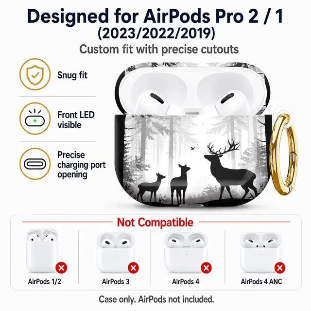 Alt view image 5 of 7 - Compatible with AirPod Pro 2nd/1st Generation Case Cover with Key Chain,Full Protective Shockproof Wireless Headphone Case for Airpod Pro 2023/2022/2019(Forest Deer)