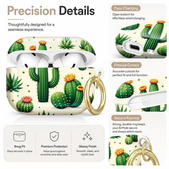 Alt view image 3 of 7 - Compatible with AirPod Pro 2nd/1st Generation Case Cover with Key Chain,Full Protective Shockproof Wireless Headphone Case for Airpod Pro 2023/2022/2019(Cactus with Flowers Spines)