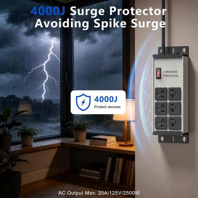 Alt view image 2 of 7 - 20 AMP Heavy Duty Surge Protector Power Strip, 12AWG 6FT Cord | 2500W Extension Cord with Multiple Outlets, 4000J Wall Mount Power Strip Electric Extender for Industrial, Workshop, Garage