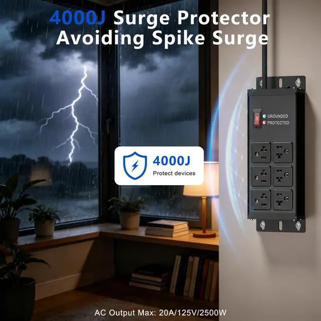 Alt view image 2 of 7 - 20 AMP Heavy Duty Surge Protector Power Strip, 12AWG 6FT Cord | 2500W Extension Cord with Multiple Outlets, 4000J Wall Mount Power Strip Electric Extender for Industrial, Workshop, Garage