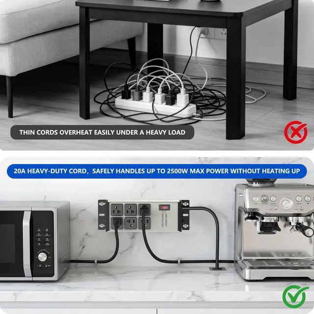 Alt view image 7 of 7 - 20 AMP Heavy Duty Surge Protector Power Strip, 12AWG 6FT Cord | 2500W Extension Cord with Multiple Outlets, 4000J Wall Mount Power Strip Electric Extender for Industrial, Workshop, Garage