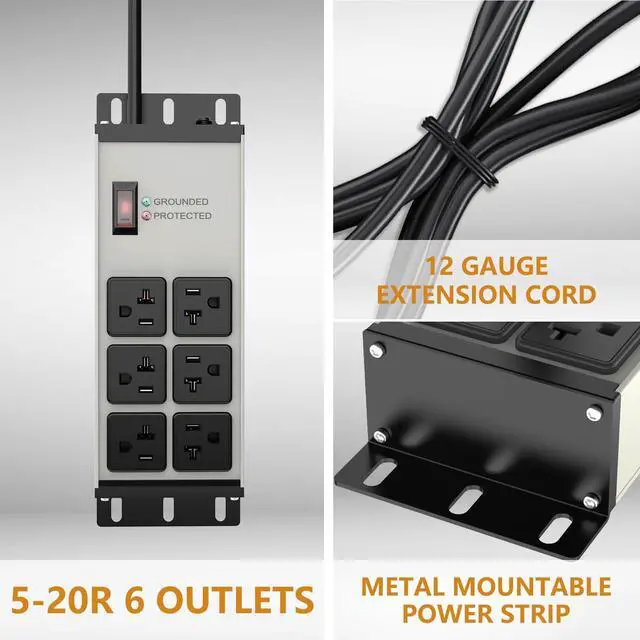 Alt view image 3 of 7 - 20 AMP Heavy Duty Surge Protector Power Strip, 12AWG 6FT Cord | 2500W Extension Cord with Multiple Outlets, 4000J Wall Mount Power Strip Electric Extender for Industrial, Workshop, Garage