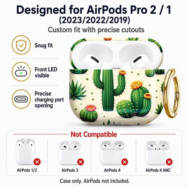 Alt view image 5 of 7 - Compatible with AirPod Pro 2nd/1st Generation Case Cover with Key Chain,Full Protective Shockproof Wireless Headphone Case for Airpod Pro 2023/2022/2019(Cactus with Flowers Spines)