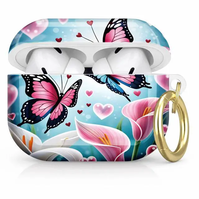 Main image of Compatible with AirPod Pro 2nd/1st Generation Case Cover with Key Chain,Full Protective Shockproof Wireless Headphone Case for Airpod Pro 2023/2022/2019(Butterfly Flowers Hearts Lilies Pink Blue)