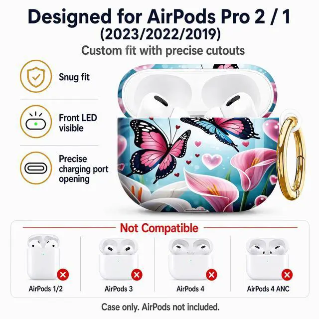 Alt view image 5 of 7 - Compatible with AirPod Pro 2nd/1st Generation Case Cover with Key Chain,Full Protective Shockproof Wireless Headphone Case for Airpod Pro 2023/2022/2019(Butterfly Flowers Hearts Lilies Pink Blue)