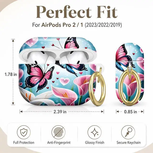Alt view image 2 of 7 - Compatible with AirPod Pro 2nd/1st Generation Case Cover with Key Chain,Full Protective Shockproof Wireless Headphone Case for Airpod Pro 2023/2022/2019(Butterfly Flowers Hearts Lilies Pink Blue)