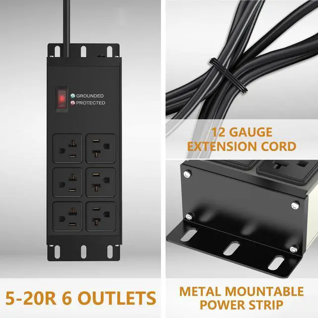 Alt view image 3 of 7 - 20 AMP Heavy Duty Surge Protector Power Strip, 12AWG 6FT Cord | 2500W Extension Cord with Multiple Outlets, 4000J Wall Mount Power Strip Electric Extender for Industrial, Workshop, Garage