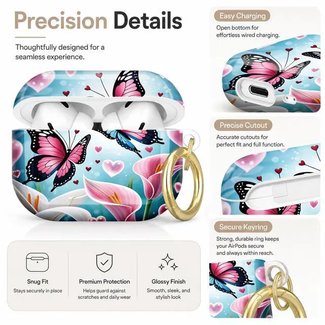Alt view image 3 of 7 - Compatible with AirPod Pro 2nd/1st Generation Case Cover with Key Chain,Full Protective Shockproof Wireless Headphone Case for Airpod Pro 2023/2022/2019(Butterfly Flowers Hearts Lilies Pink Blue)