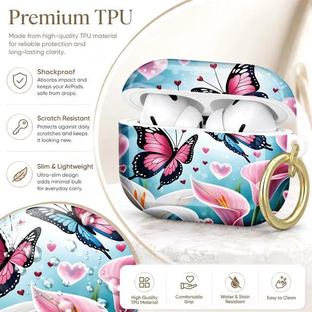 Alt view image 4 of 7 - Compatible with AirPod Pro 2nd/1st Generation Case Cover with Key Chain,Full Protective Shockproof Wireless Headphone Case for Airpod Pro 2023/2022/2019(Butterfly Flowers Hearts Lilies Pink Blue)