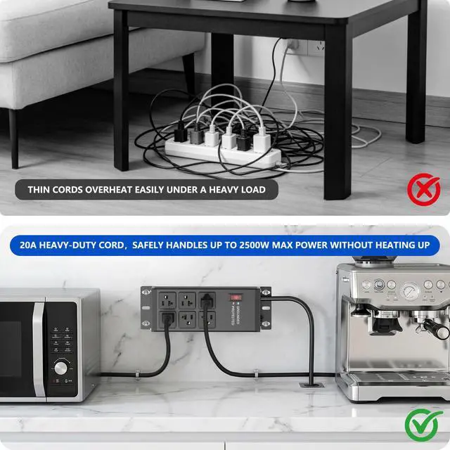 Alt view image 7 of 7 - 20 AMP Heavy Duty Surge Protector Power Strip, 12AWG 6FT Cord | 2500W Extension Cord with Multiple Outlets, 4000J Wall Mount Power Strip Electric Extender for Industrial, Workshop, Garage