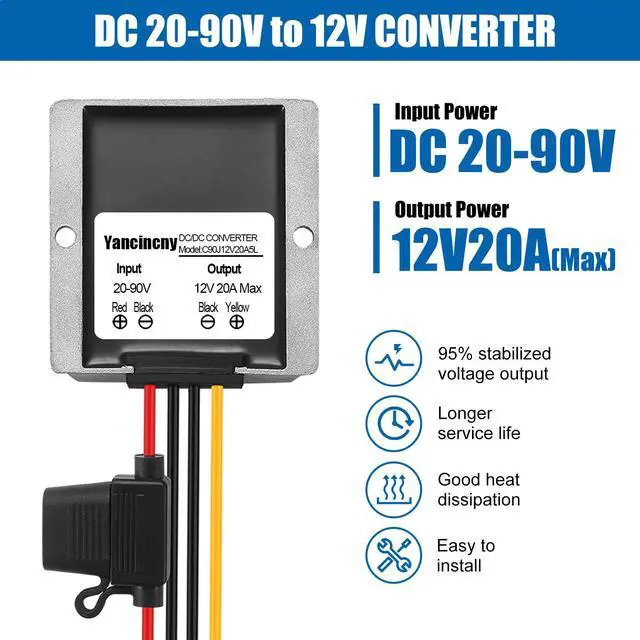 Alt view image 2 of 7 - Yancincny 240W Dc-Dc Step Down to 12V Converter, DC 90V 72V 60V 48V 36V 24V to 12v Voltage Converter 20A Regulator Step Down to 12V dc Converter Reducer Power Supply Transformer Module for Golf Cart