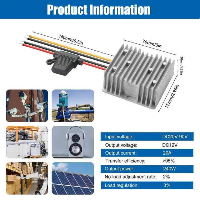 Alt view image 7 of 7 - Yancincny 240W Dc-Dc Step Down to 12V Converter, DC 90V 72V 60V 48V 36V 24V to 12v Voltage Converter 20A Regulator Step Down to 12V dc Converter Reducer Power Supply Transformer Module for Golf Cart