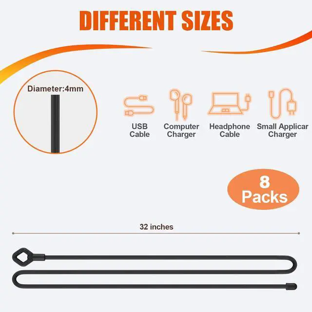 Alt view image 2 of 7 - 8Pcs Reusable Silicone Cable Twist Ties with Holes 32 inch, Black | Bendable Rubber Twist Ties for Cords, All Purpose Cord Tie for Bundling and Holding Indoor and Outdoor Use