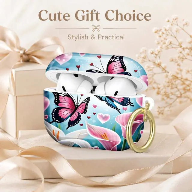 Alt view image 7 of 7 - Compatible with AirPod Pro 2nd/1st Generation Case Cover with Key Chain,Full Protective Shockproof Wireless Headphone Case for Airpod Pro 2023/2022/2019(Butterfly Flowers Hearts Lilies Pink Blue)