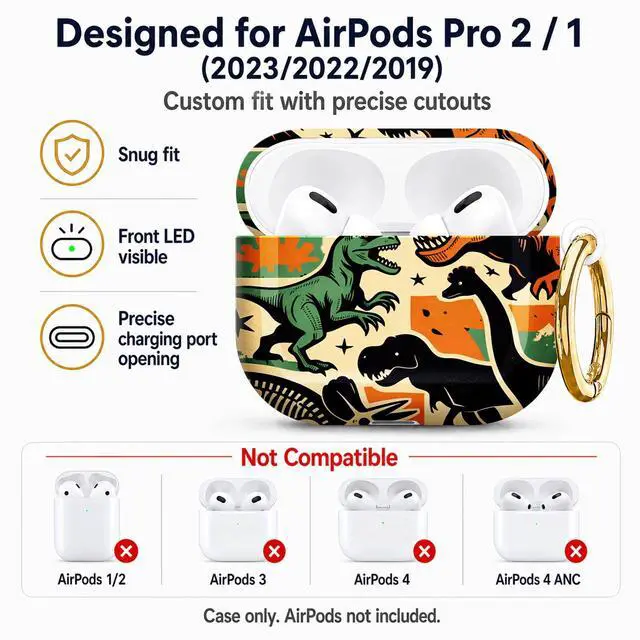Alt view image 5 of 7 - Compatible with AirPod Pro 2nd/1st Generation Case Cover with Key Chain,Full Protective Shockproof Wireless Headphone Case for Airpod Pro 2023/2022/2019(Dinosaur Rex)