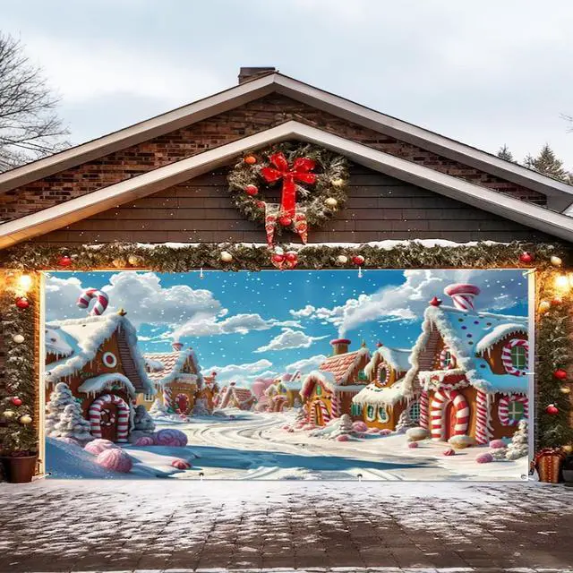 Alt view image 2 of 7 - Christmas Garage Door Cover Decorations Banner 16x7ft Polyester | Candyland Christmas Village Town Backdrop, Cartoon Gingerbread House Candy Cane, Outdoor 2 Car, Holiday Door Cover