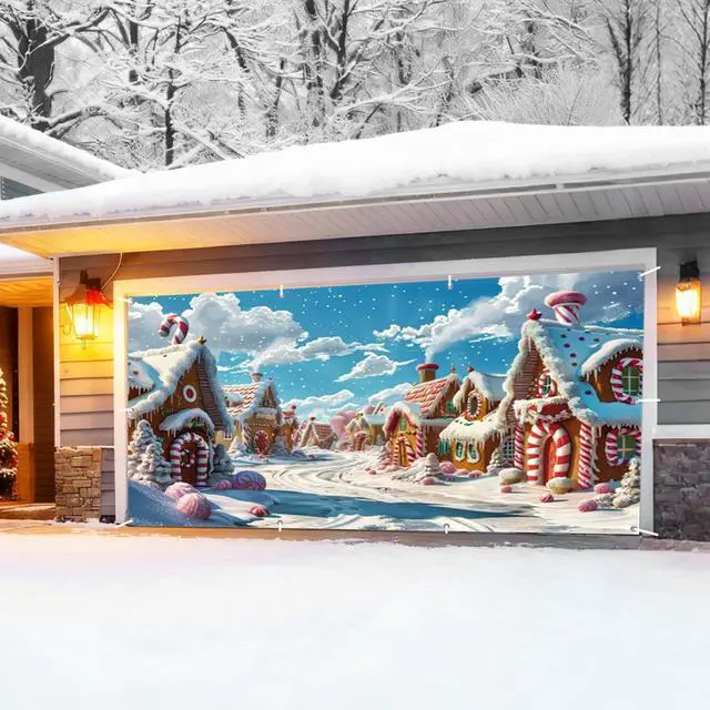 Alt view image 3 of 7 - Christmas Garage Door Cover Decorations Banner 16x7ft Polyester | Candyland Christmas Village Town Backdrop, Cartoon Gingerbread House Candy Cane, Outdoor 2 Car, Holiday Door Cover