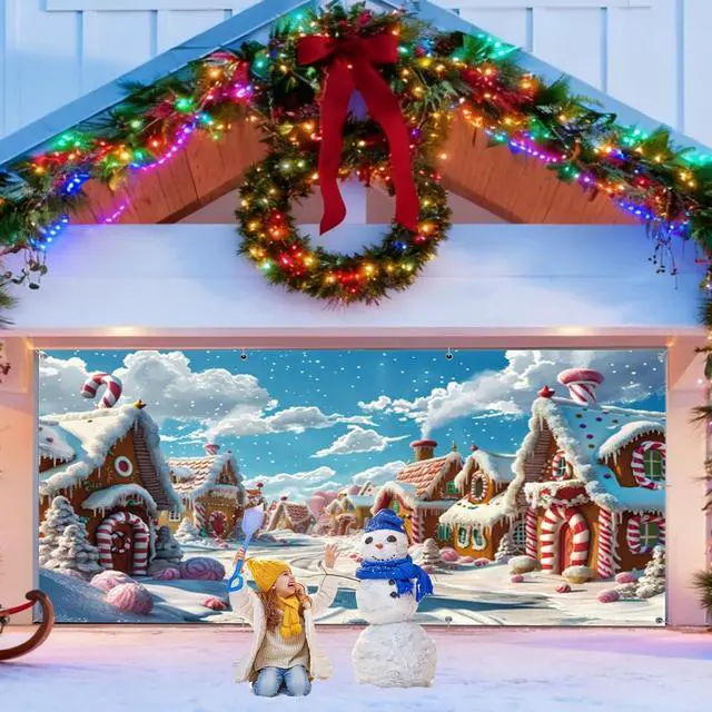 Alt view image 4 of 7 - Christmas Garage Door Cover Decorations Banner 16x7ft Polyester | Candyland Christmas Village Town Backdrop, Cartoon Gingerbread House Candy Cane, Outdoor 2 Car, Holiday Door Cover