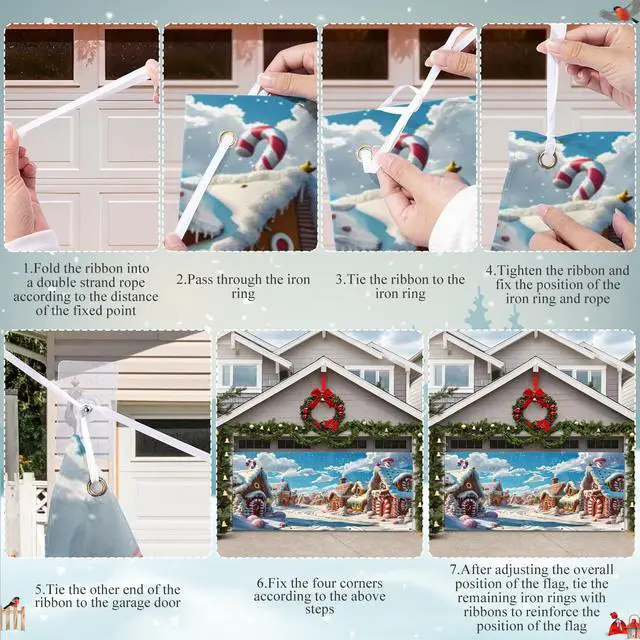 Alt view image 6 of 7 - Christmas Garage Door Cover Decorations Banner 16x7ft Polyester | Candyland Christmas Village Town Backdrop, Cartoon Gingerbread House Candy Cane, Outdoor 2 Car, Holiday Door Cover