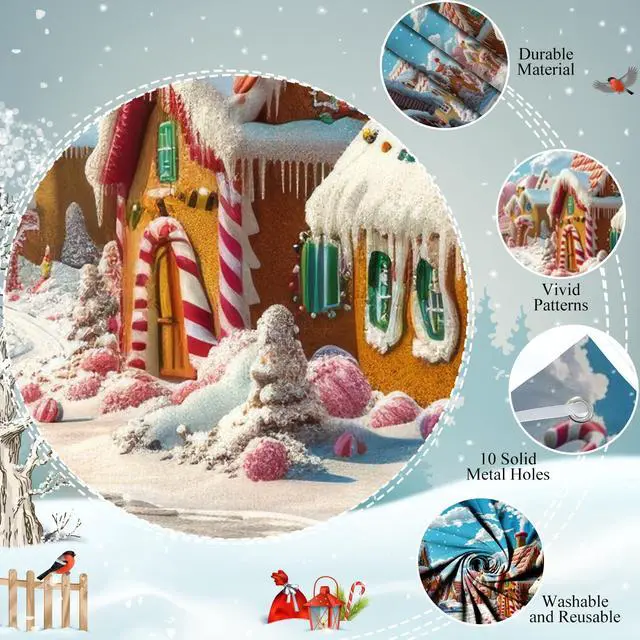 Alt view image 5 of 7 - Christmas Garage Door Cover Decorations Banner 16x7ft Polyester | Candyland Christmas Village Town Backdrop, Cartoon Gingerbread House Candy Cane, Outdoor 2 Car, Holiday Door Cover