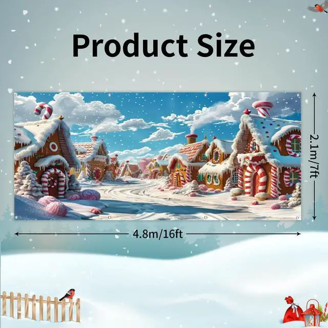Alt view image 7 of 7 - Christmas Garage Door Cover Decorations Banner 16x7ft Polyester | Candyland Christmas Village Town Backdrop, Cartoon Gingerbread House Candy Cane, Outdoor 2 Car, Holiday Door Cover