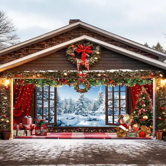 Alt view image 2 of 7 - Christmas Garage Door Cover Decorations Banner Polyester 16x7ft | Christmas Backdrop, Holiday Garage Door Cover, Double Car, Winter Wonderland Window Santa Claus Xmas Tree, Outdoor Yard