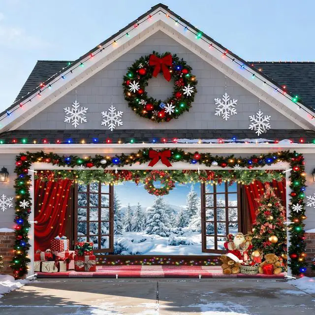 Main image of Christmas Garage Door Cover Decorations Banner Polyester 16x7ft | Christmas Backdrop, Holiday Garage Door Cover, Double Car, Winter Wonderland Window Santa Claus Xmas Tree, Outdoor Yard