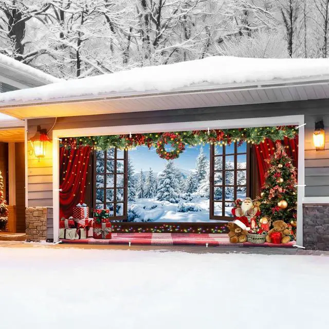 Alt view image 3 of 7 - Christmas Garage Door Cover Decorations Banner Polyester 16x7ft | Christmas Backdrop, Holiday Garage Door Cover, Double Car, Winter Wonderland Window Santa Claus Xmas Tree, Outdoor Yard
