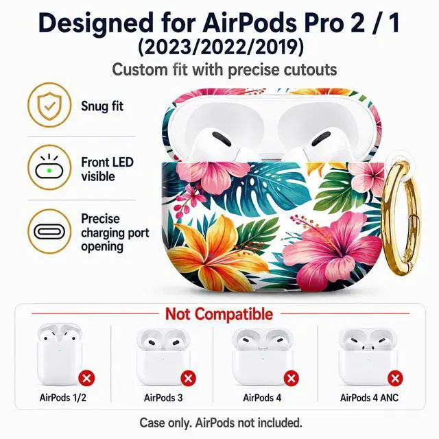 Alt view image 5 of 7 - Compatible with AirPod Pro 2nd/1st Generation Case Cover with Key Chain,Full Protective Shockproof Wireless Headphone Case for Airpod Pro 2023/2022/2019(Tropical Floral with Vibrant Colors)