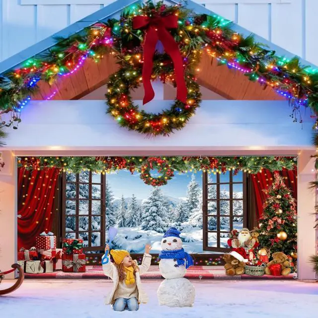 Alt view image 4 of 7 - Christmas Garage Door Cover Decorations Banner Polyester 16x7ft | Christmas Backdrop, Holiday Garage Door Cover, Double Car, Winter Wonderland Window Santa Claus Xmas Tree, Outdoor Yard