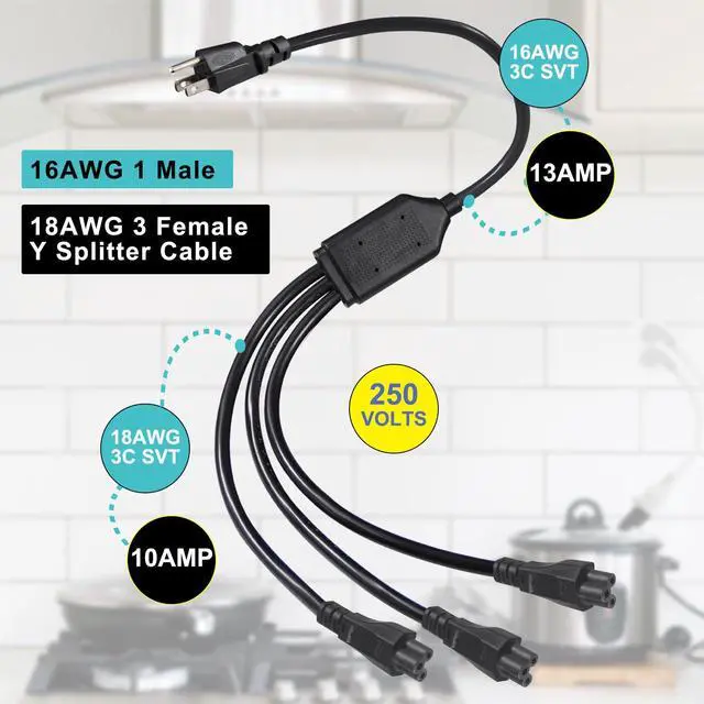 Alt view image 2 of 7 - Laptop Y Splitter Power Cord, 3FT NEMA 5-15P to 3X IEC 60320 C5 Female 3 Ways Outlet AC Power Cord, Universal 3-Slot Power Cable, C5 Y Spliiter for Notebooks/Monitor/TV/Printer