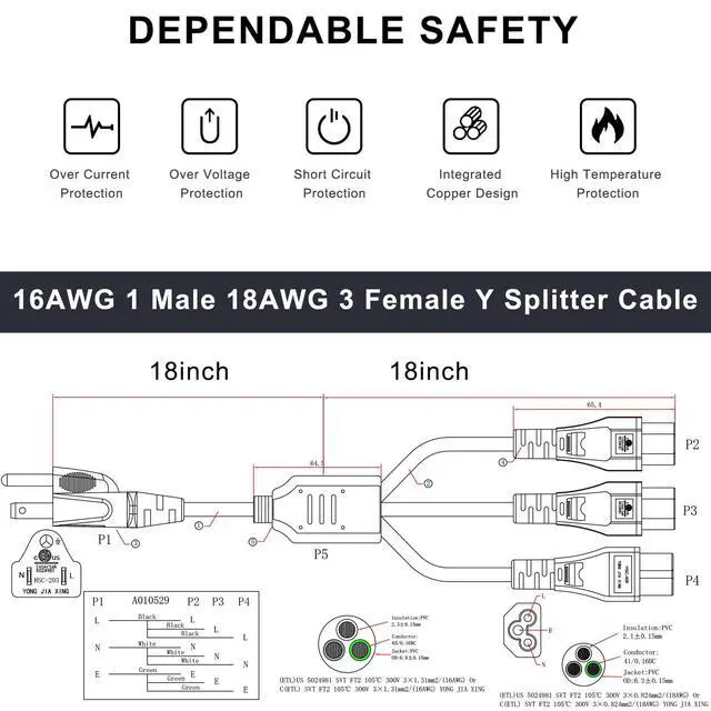 Alt view image 3 of 7 - Laptop Y Splitter Power Cord, 3FT NEMA 5-15P to 3X IEC 60320 C5 Female 3 Ways Outlet AC Power Cord, Universal 3-Slot Power Cable, C5 Y Spliiter for Notebooks/Monitor/TV/Printer