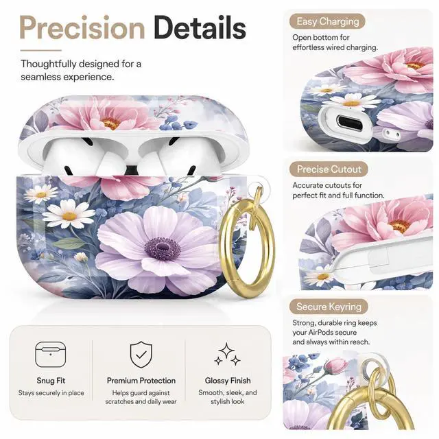 Alt view image 3 of 7 - Compatible with AirPod Pro 2nd/1st Generation Case Cover with Key Chain,Full Protective Shockproof Wireless Headphone Case for Airpod Pro 2023/2022/2019(Floral with Pastel Colors Delicate)