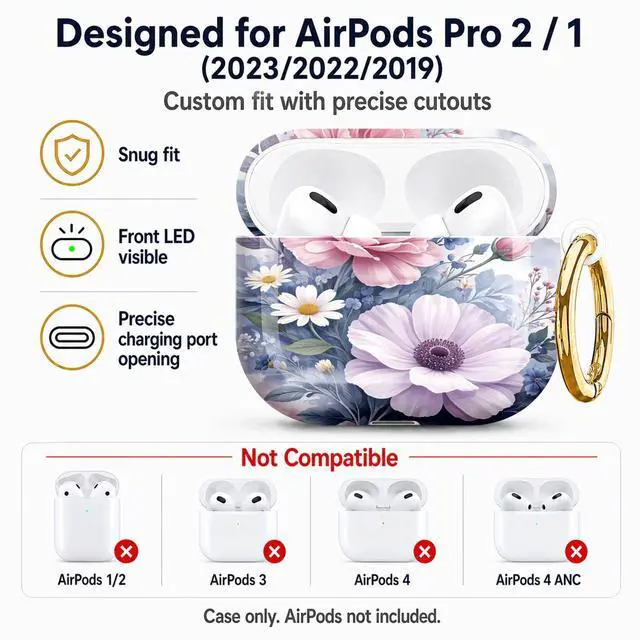 Alt view image 5 of 7 - Compatible with AirPod Pro 2nd/1st Generation Case Cover with Key Chain,Full Protective Shockproof Wireless Headphone Case for Airpod Pro 2023/2022/2019(Floral with Pastel Colors Delicate)