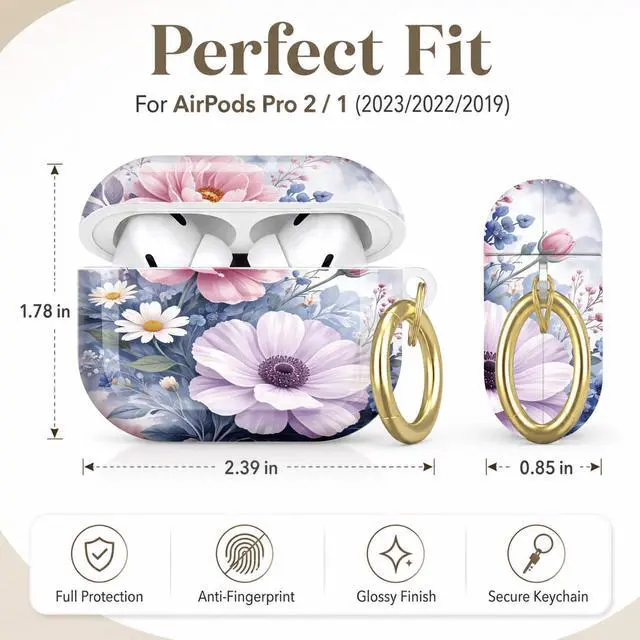 Alt view image 2 of 7 - Compatible with AirPod Pro 2nd/1st Generation Case Cover with Key Chain,Full Protective Shockproof Wireless Headphone Case for Airpod Pro 2023/2022/2019(Floral with Pastel Colors Delicate)