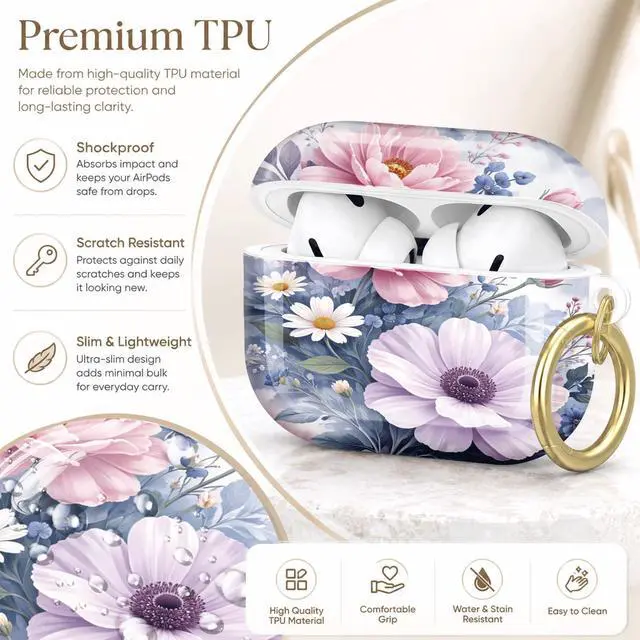 Alt view image 4 of 7 - Compatible with AirPod Pro 2nd/1st Generation Case Cover with Key Chain,Full Protective Shockproof Wireless Headphone Case for Airpod Pro 2023/2022/2019(Floral with Pastel Colors Delicate)