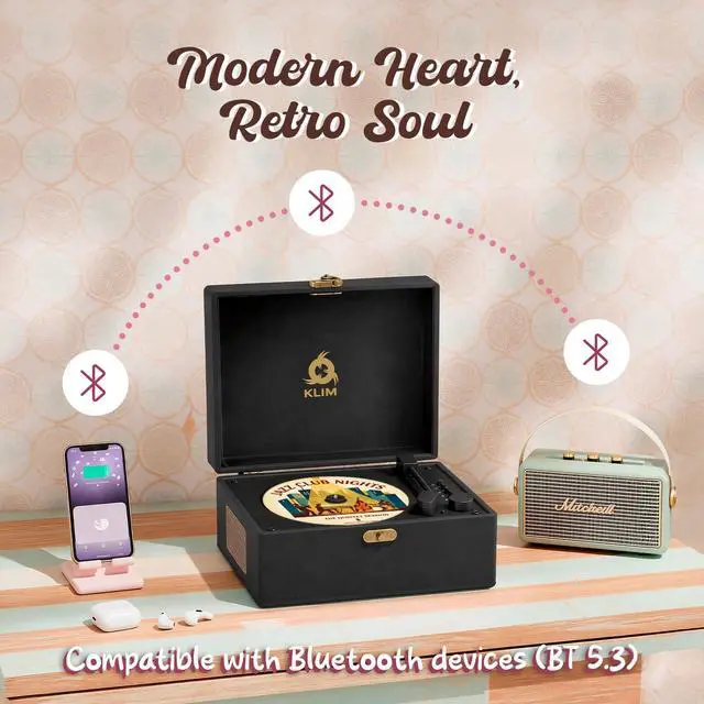 Alt view image 2 of 7 - Retro CD Player Vintage Style CD Player with Speakers, Bluetooth Receiver, AUX, USB, Rechargeable Battery, Mini Record Player Look, Small Cute CD Music Box for Home Decor - Black