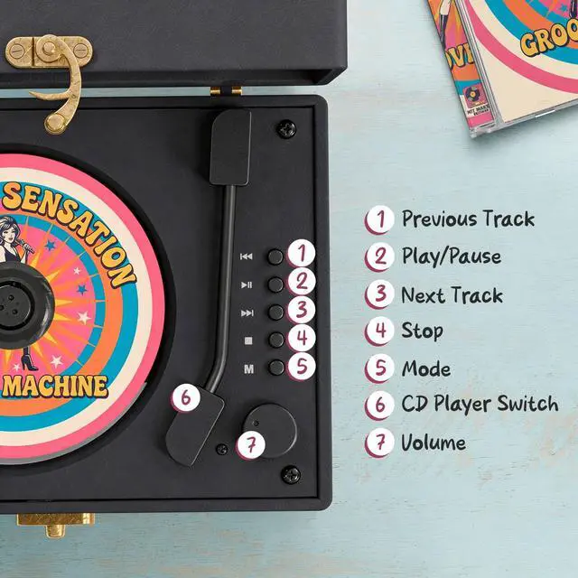 Alt view image 3 of 7 - Retro CD Player Vintage Style CD Player with Speakers, Bluetooth Receiver, AUX, USB, Rechargeable Battery, Mini Record Player Look, Small Cute CD Music Box for Home Decor - Black
