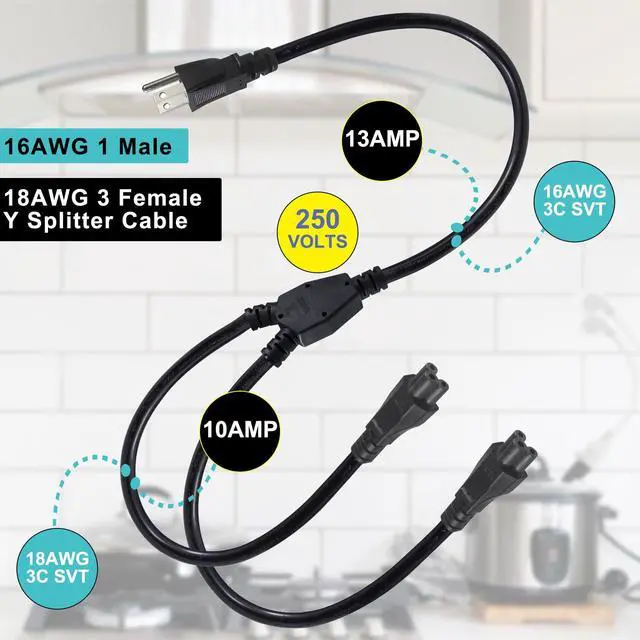 Alt view image 4 of 5 - C5 Power Cord Splitter 3FT, NEMA 5-15P to 2X IEC 60320 C5 Female, 1 to 2 Splitter Outlet Cloverleaf AC Power Cable, Y Splitter Cord for Laptop Chargers, Monitors, Printers & Projectors