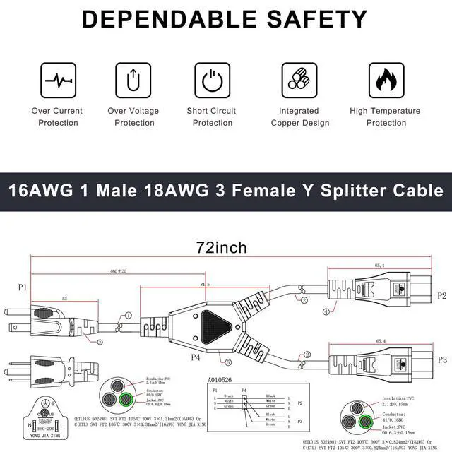 Alt view image 5 of 6 - Dual C5 Splitter Power Cord 6FT, NEMA 5-15P to 2X IEC 60320 C5 Female, 1 Outlet to 2 Devices Cloverleaf AC Power Cable, Y Splitter Cord for Laptop Chargers, Monitors, Printers & Projectors