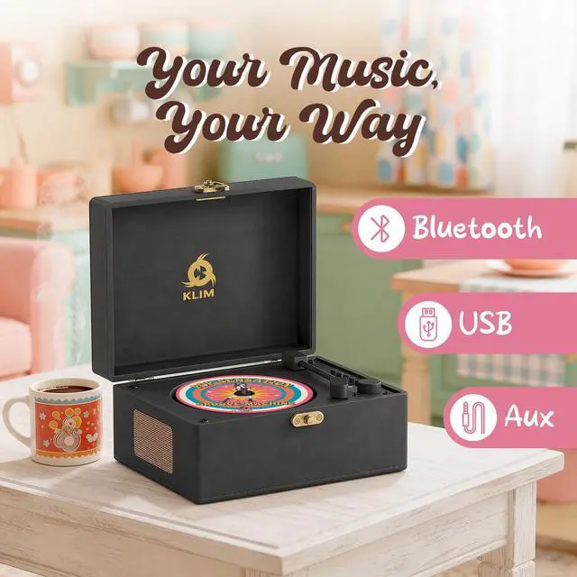 Alt view image 4 of 7 - Retro CD Player Vintage Style CD Player with Speakers, Bluetooth Receiver, AUX, USB, Rechargeable Battery, Mini Record Player Look, Small Cute CD Music Box for Home Decor - Black