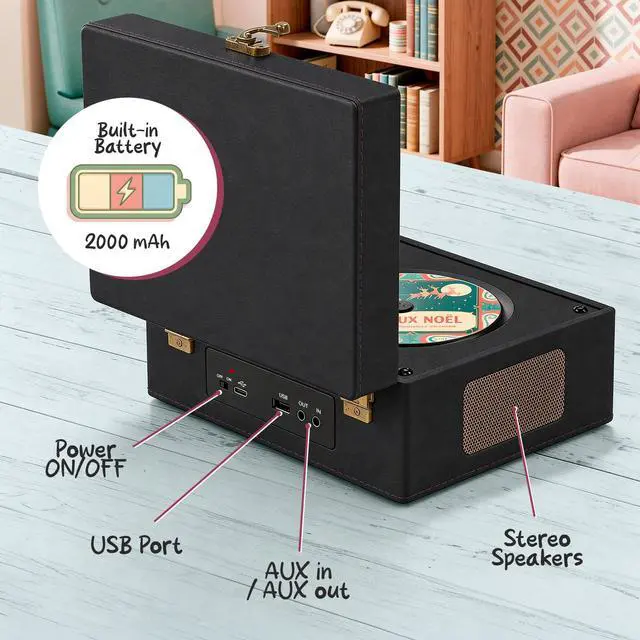 Alt view image 6 of 7 - Retro CD Player Vintage Style CD Player with Speakers, Bluetooth Receiver, AUX, USB, Rechargeable Battery, Mini Record Player Look, Small Cute CD Music Box for Home Decor - Black