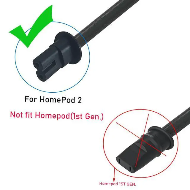 Alt view image 5 of 7 - Power Cord for A2825 HomePod (2nd Gen) Smart Speaker, 6ft/1.8m | US AC Power Cable 2-Prong Plug Male to Female Charger Adapter Cable, Black, Braided